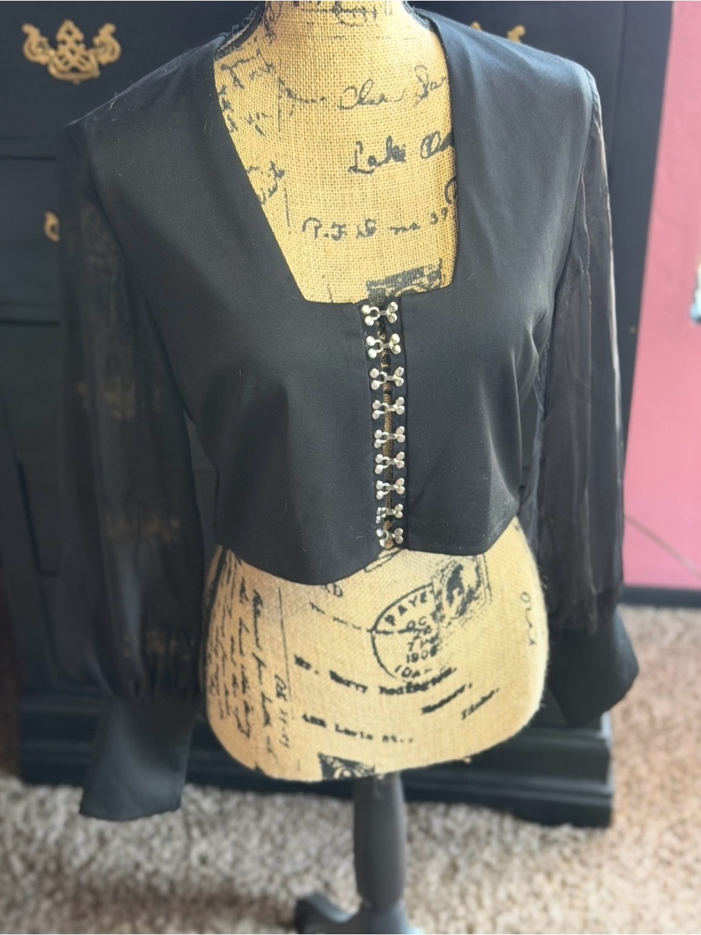 Polly Black Hook & Eye Crop Top Sheer Long Sleeve Y2K Size 12